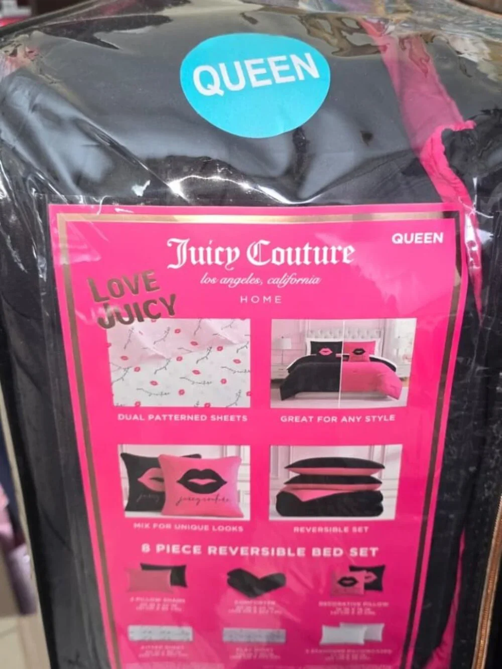 Juicy Couture Queen Bed Set 8 Pc Reversible Pink Black Comforter New 💕🛏️